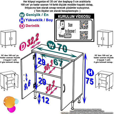 Modilayn SÖKE Küçük Alanlar İçin Mükemmel! 70 x 75 x 32,5 cm’ lik 2 Kapaklı 2 Göz Raflı, Dar banyolarda Bile Size Ekstra Depolama Alanı Sağlar.