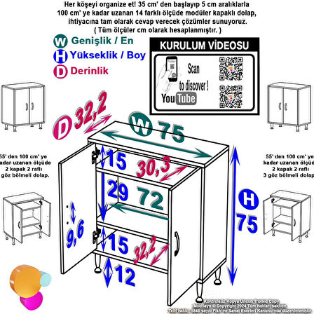 Modilayn SÖKE Küçük Alanlar İçin Mükemmel! 75 x 75 x 32,5 cm’ lik 2 Kapaklı 3 Göz Raflı, Dar banyolarda Bile Size Ekstra Depolama Alanı Sağlar.