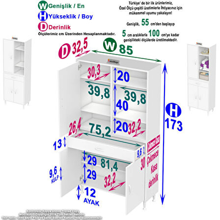 Modilayn AFRA 85x173x32,5 cm 1 Çekmece 3 Kapak 5 Raf 8 Bölme Çok Amaçlı Banyo & Mutfak Dolabı 