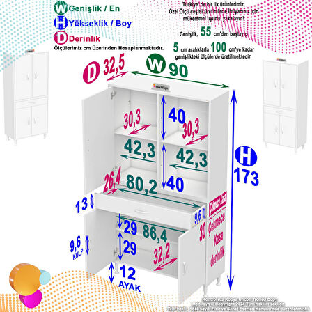 Modilayn YENİ AFRA 90x173x32,5 cm 1 Çekmece 4 Kapak 3 Raf 6 Bölme Çok Amaçlı Banyo & Mutfak Dolabı 