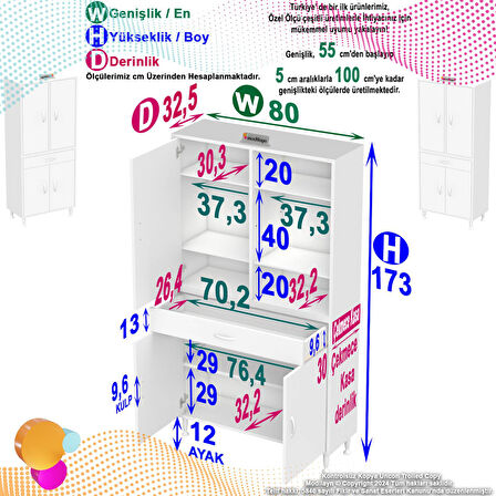 Modilayn YENİ AFRA 80 x 173 x 32,5 cm 1 Çekmece 4 Kapak 5 Raf 8 Bölme Çok Amaçlı Banyo & Mutfak Dolabı 