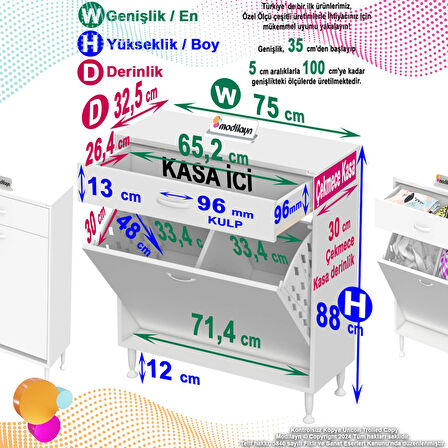 Modilayn EMİR 75 x 88 x 32,5 cm 2 Göz Sepetli kirli çamaşır banyo dolabı piratik çok foksiyonlu düzenleyici dolap