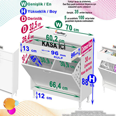 Modilayn EMİR 70 x 88 x 32,5 cm 2 Göz Sepetli kirli çamaşır banyo dolabı piratik çok foksiyonlu düzenleyici dolap