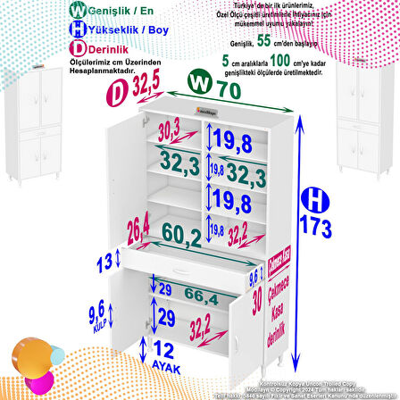 Modilayn AFRA 70x173x32,5 cm 1 Çekmece 3 Kapak 7 Raf 10 Bölme Çok Amaçlı Banyo & Mutfak Dolabı 