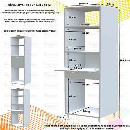 Modilayn ELİT SİLVA 59,6 x 192,2 x 56cm Ankastre Fırın 1 Kapaklı Ekmeklikli 3 Geniş Derin Göz Dolap