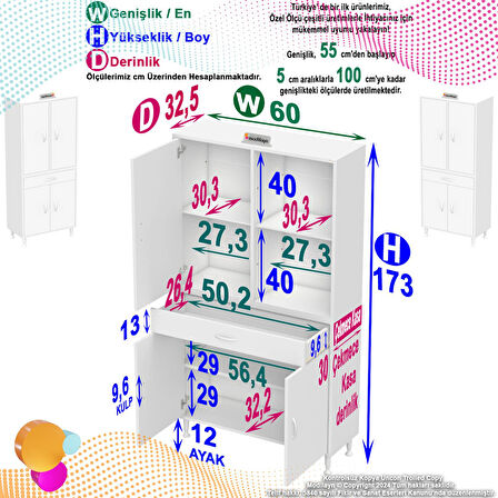 Modilayn YENİ AFRA 60x173x32,5 cm 1 Çekmece 4 Kapak 3 Raf 6 Bölme Çok Amaçlı Banyo & Mutfak Dolabı 