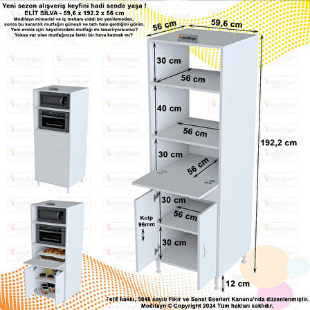 Modilayn ELİT_SİLVA 59,6 x 192,2 x 56cm Geniş Derin Raf Mini Midi Mikrodalga Fırın Ekmeklik Dolabı