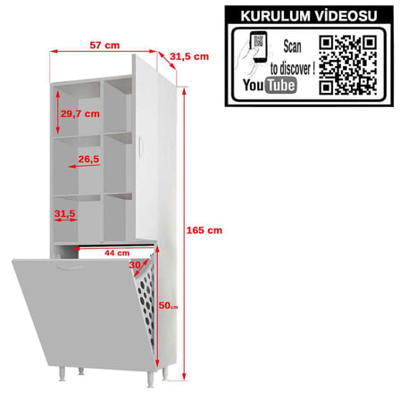 Modilayn İNCİ 57x165 cm Kirli Çamaşır Sepetli Banyo Dolabı