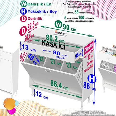 Modilayn EMİR 90 x 88 x 32,5 cm 3 Göz Sepetli kirli çamaşır banyo dolabı piratik çok foksiyonlu düzenleyici dolap