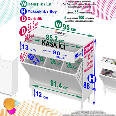 Modilayn EMİR 95 x 88 x 32,5 cm 3 Göz Sepetli kirli çamaşır banyo dolabı piratik çok foksiyonlu düzenleyici dolap