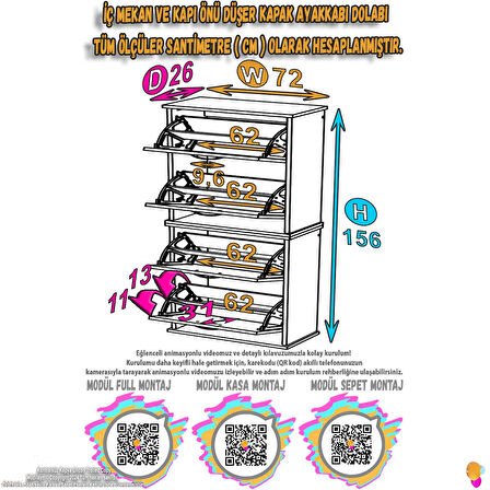 Modilayn UMAY' 2 Li Asma Antre Hol 72 x148 x 25, 5 cm’ lik 4 Düşer Kapak 8 Göz Bölmeli Ayakkabılık