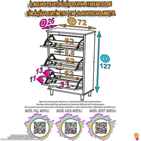 Modilayn VARBİ Antre Hol 72x127x26 cm lik 3 Düşer Kapak 6 Göz Bölmeli Ayakkabılık