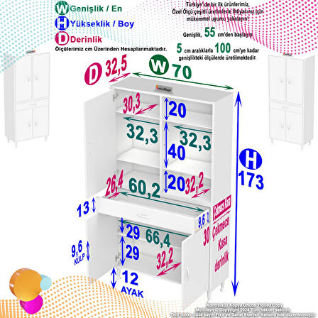 Modilayn YENİ AFRA 70 x 173 x 32,5 cm 1 Çekmece 4 Kapak 5 Raf 8 Bölme Çok Amaçlı Banyo & Mutfak Dolabı 