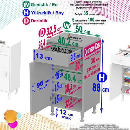 Modilayn EMİR 50 x 88 x 32,5 cm 1 Çekmece 1 Kapak 3 Raf 4 Bölme Çok Amaçlı Banyo & Mutfak Dolabı 