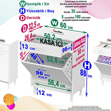 Modilayn EMİR 60 x 88 x 32,5 cm 1 Göz Sepetli kirli çamaşır banyo dolabı piratik çok foksiyonlu düzenleyici dolap