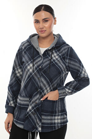 Büyük Beden Rahat Kalıp Kapüşonlu Oduncu Kadın Gömlek Hırka