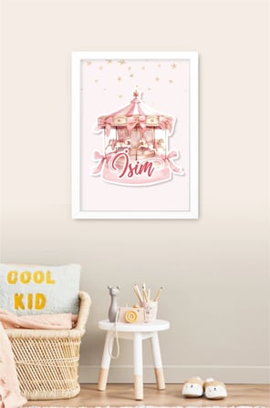 İsme Özel Boyutlu Pembe Atlıkarınca Beyaz Çerçeve 30x40 cm Tablo, Hastane Odası Kapı Süsü, Çocuk Odası, Dekorasyon