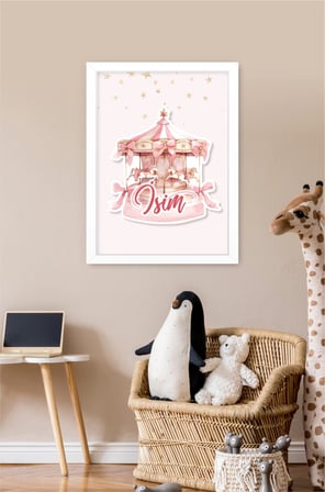 İsme Özel Boyutlu Pembe Atlıkarınca Beyaz Çerçeve 30x40 cm Tablo, Hastane Odası Kapı Süsü, Çocuk Odası, Dekorasyon