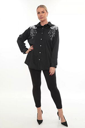 Tasarım Büyük Beden Kadın Nakışlı Gömlek Uzun Kollu Düğmeli Rahat Şık Kombinlere Uygun