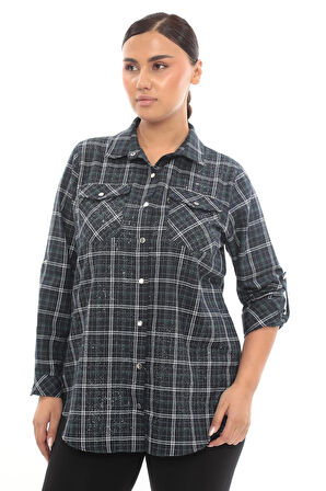 Büyük Beden Ekose Desenli Simli Rahat Kalıp Kadın Gömlek