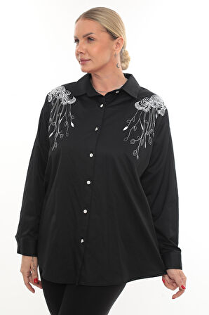 Tasarım Büyük Beden Kadın Nakışlı Gömlek Uzun Kollu Düğmeli Rahat Şık Kombinlere Uygun