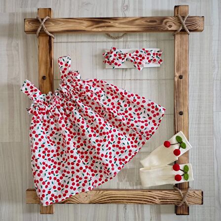Kız Bebek Kiraz Baskılı Elbise Meyveli Bandana Ve Dizaltı Kirazlı Çorap 3'lü Takım