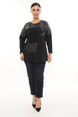 Rahat Kalıp Büyük Beden Kadın Bluz Uzun Kol Taş Detaylı