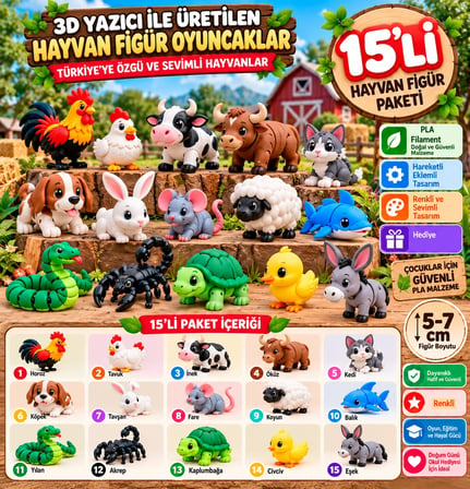 Köy ve Çiftlik Hayvanları 15'li 3D Figür Oyuncak Seti – Hareketli Mini Hayvanlar 5-7 cm
