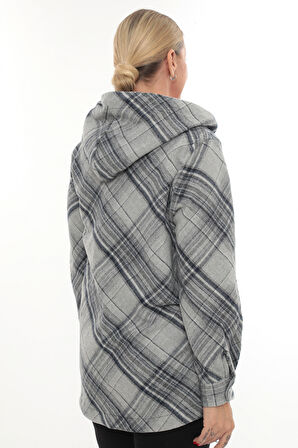 Büyük Beden Rahat Kalıp Kapüşonlu Oduncu Kadın Gömlek Hırka