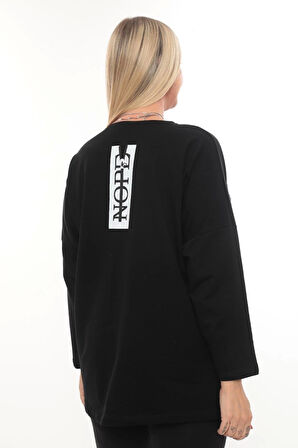 Rahat Kalıp Büyük Beden Kadın Bluz Uzun Kollu Yazı Detaylı Cepli