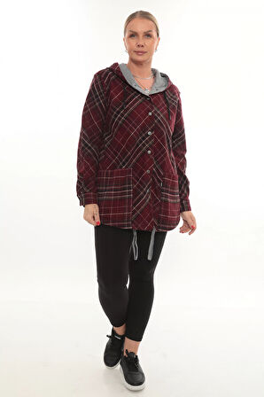 Büyük Beden Rahat Kalıp Kapüşonlu Oduncu Kadın Gömlek Hırka