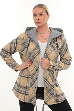 Büyük Beden Rahat Kalıp Kapüşonlu Oduncu Kadın Gömlek Hırka