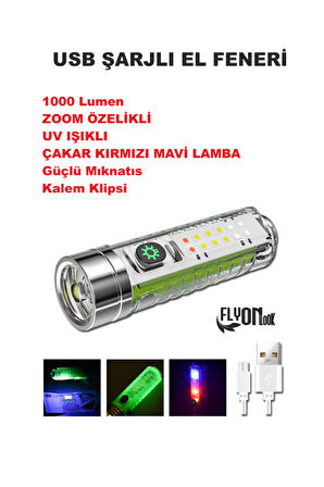 ŞARJ EDİLEBİLİR HEM FENER HEM ORTAM AYDINLATMALI 5 FONKSİYONLU ÖN KISIM LAZER LED MIKNATISLI KLİPSLİ