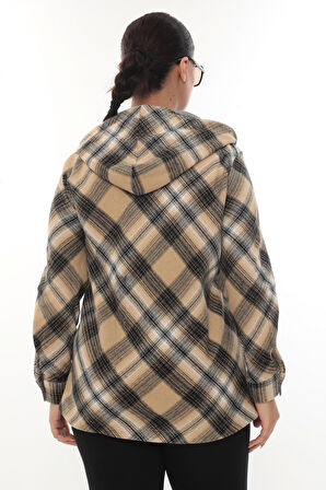 Büyük Beden Rahat Kalıp Kapüşonlu Oduncu Kadın Gömlek Hırka