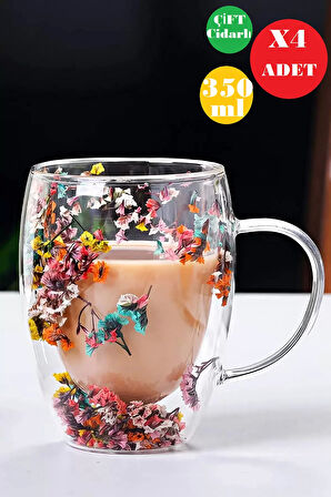 4'lü Çift Cidarlı Flower Cup 350ml Çiçekli Bardak Kahve Çay Bardağı El Yapımı Kulplu Cam Bardak Set