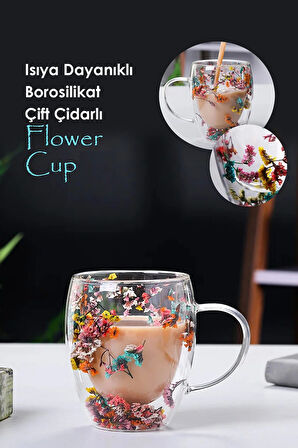 4'lü Çift Cidarlı Flower Cup 350ml Çiçekli Bardak Kahve Çay Bardağı El Yapımı Kulplu Cam Bardak Set