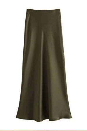 Büyük Beden Lastikli Fermuarlı Saten Kloş Uzun Etek