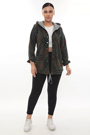 Büyük Beden Rahat Kalıp Kapüşonlu Oduncu Kadın Gömlek Hırka