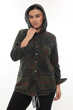 Büyük Beden Rahat Kalıp Kapüşonlu Oduncu Kadın Gömlek Hırka