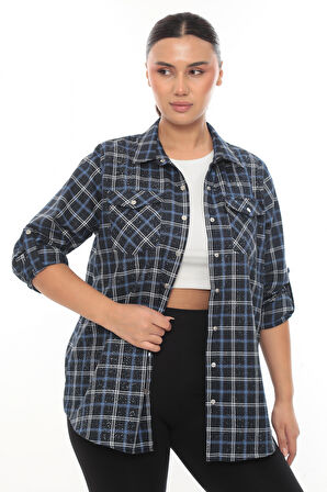 Büyük Beden Ekose Desenli Simli Rahat Kalıp Kadın Gömlek