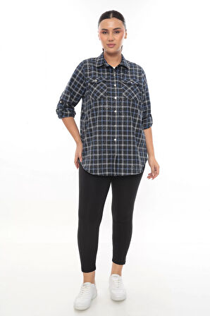 Büyük Beden Ekose Desenli Simli Rahat Kalıp Kadın Gömlek