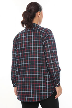 Büyük Beden Ekose Desenli Simli Rahat Kalıp Kadın Gömlek