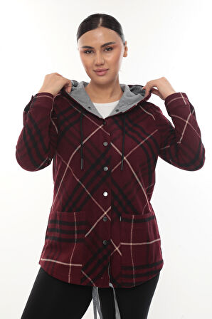 Büyük Beden Rahat Kalıp Kapüşonlu Oduncu Kadın Gömlek Hırka