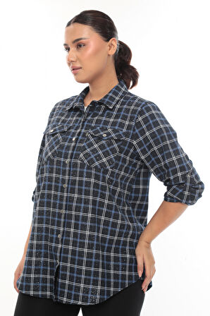Büyük Beden Ekose Desenli Simli Rahat Kalıp Kadın Gömlek