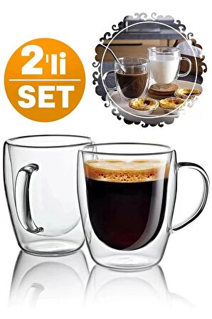 Çift Cidarlı Bardak Cam Kupa 310 Ml Ev Ofis Espresso Kahve Fincanı Borosilikat Kulplu Çay Bardağı El