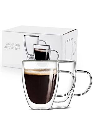 Çift Cidarlı Bardak Cam Kupa 310 Ml Ev Ofis Espresso Kahve Fincanı Borosilikat Kulplu Çay Bardağı El