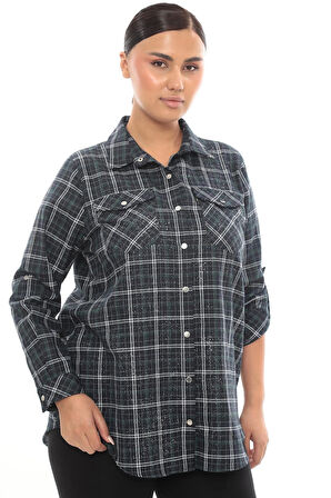 Büyük Beden Ekose Desenli Simli Rahat Kalıp Kadın Gömlek