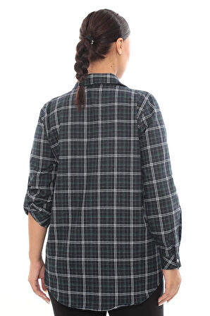 Büyük Beden Ekose Desenli Simli Rahat Kalıp Kadın Gömlek