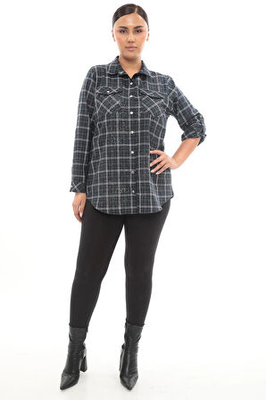 Büyük Beden Ekose Desenli Simli Rahat Kalıp Kadın Gömlek