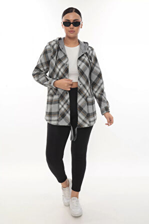 Büyük Beden Rahat Kalıp Kapüşonlu Oduncu Kadın Gömlek Hırka